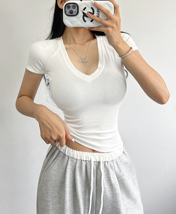 Slim-Fit V-Neck Pure Cotton Short Sleeve TEE