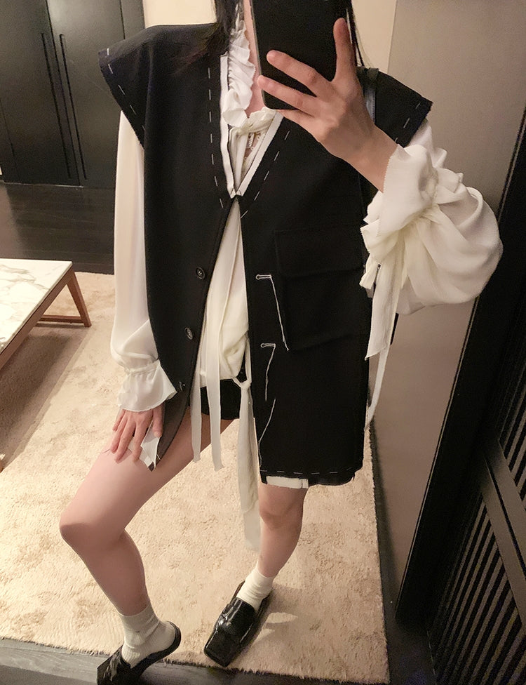 White Moonlight Ribbon Chiffon V-Neck Blouse