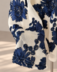 Korean-Style Vintage Blue &amp; White Embroidered Skirt and Knit Top Set
