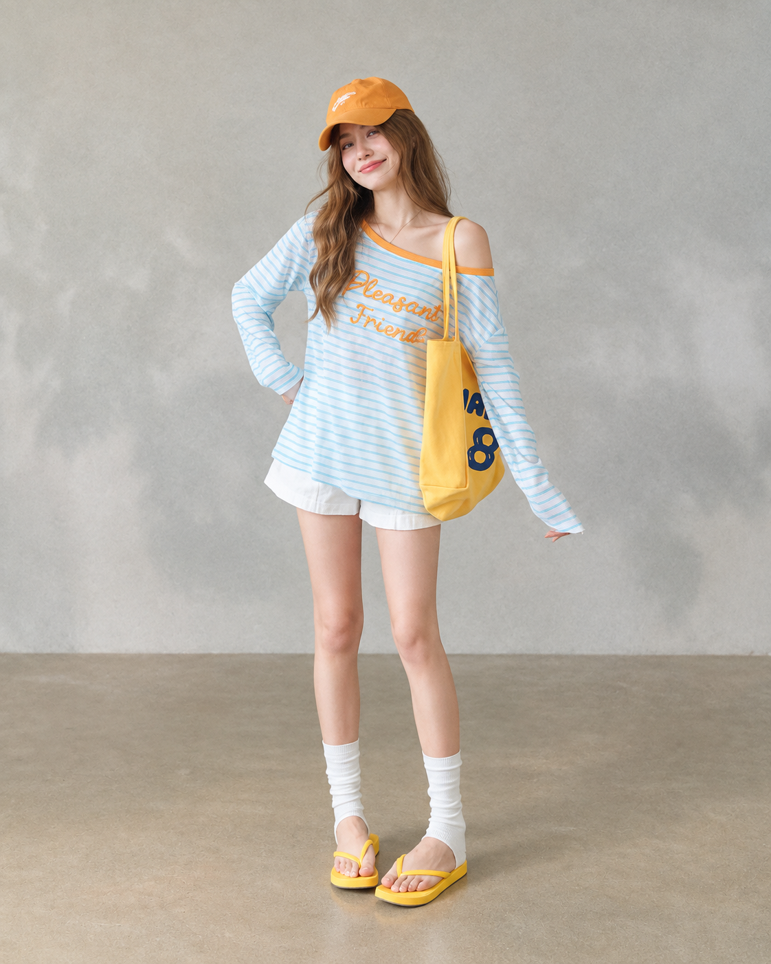 Korean-style blue and white striped off-shoulder sun-protection top