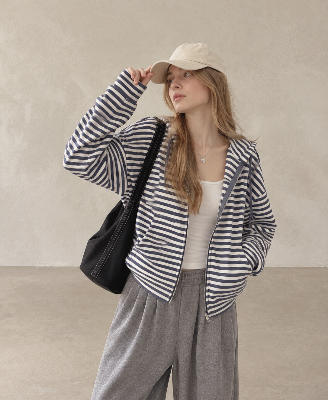 Korean-Inspired Blue Striped Hooded Zip-Up