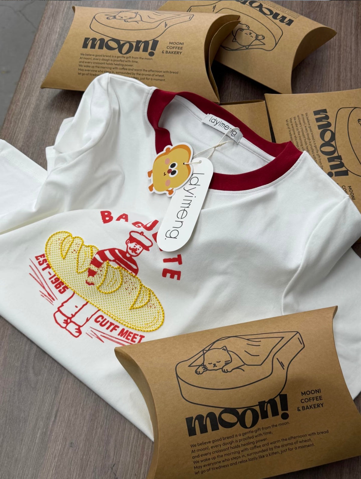 Korean-Style 3D Bread Embroidery Cotton Tee