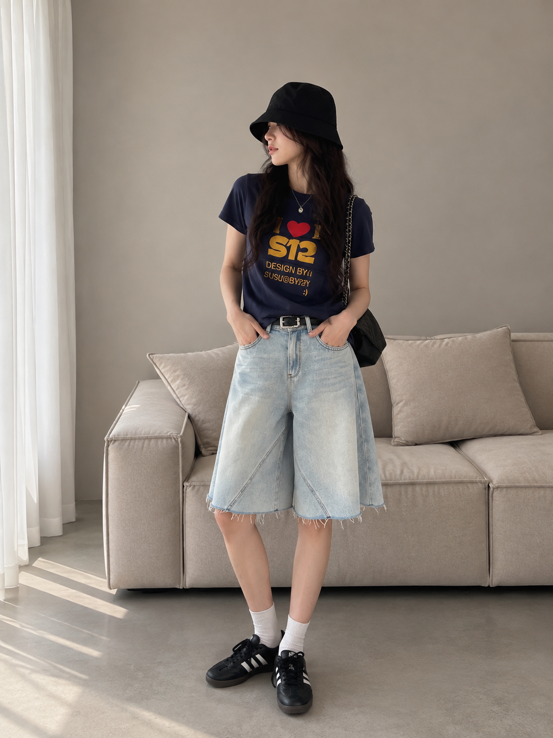 Light-Wash Wide-Leg Denim Bermuda Shorts