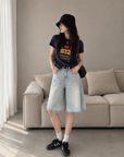Light-Wash Wide-Leg Denim Bermuda Shorts