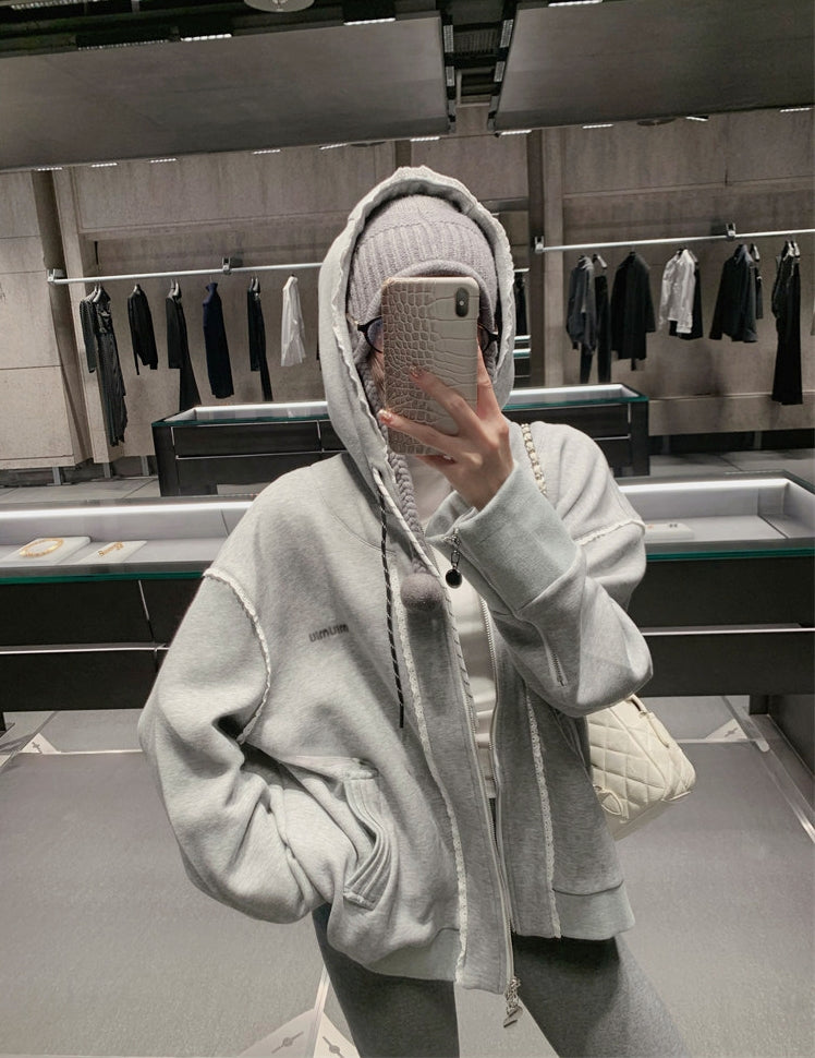 Ruffled Trim Hooded Zip-Up Sweatshirt