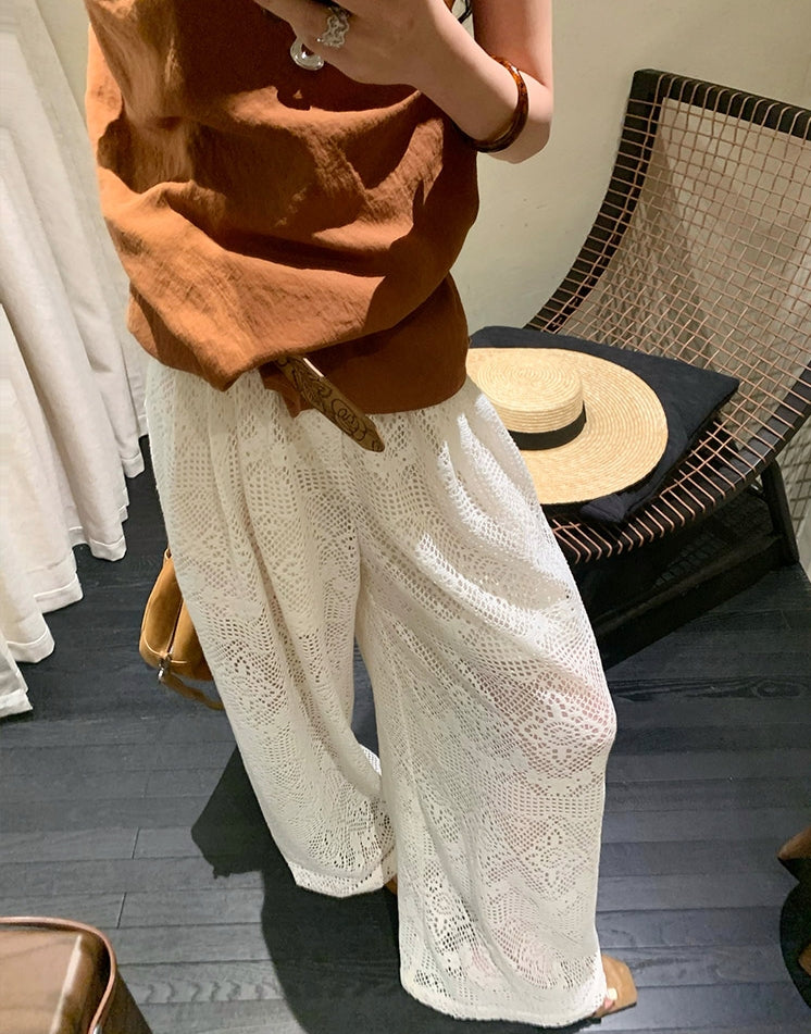 Hollow Lace Wide-Leg Pants