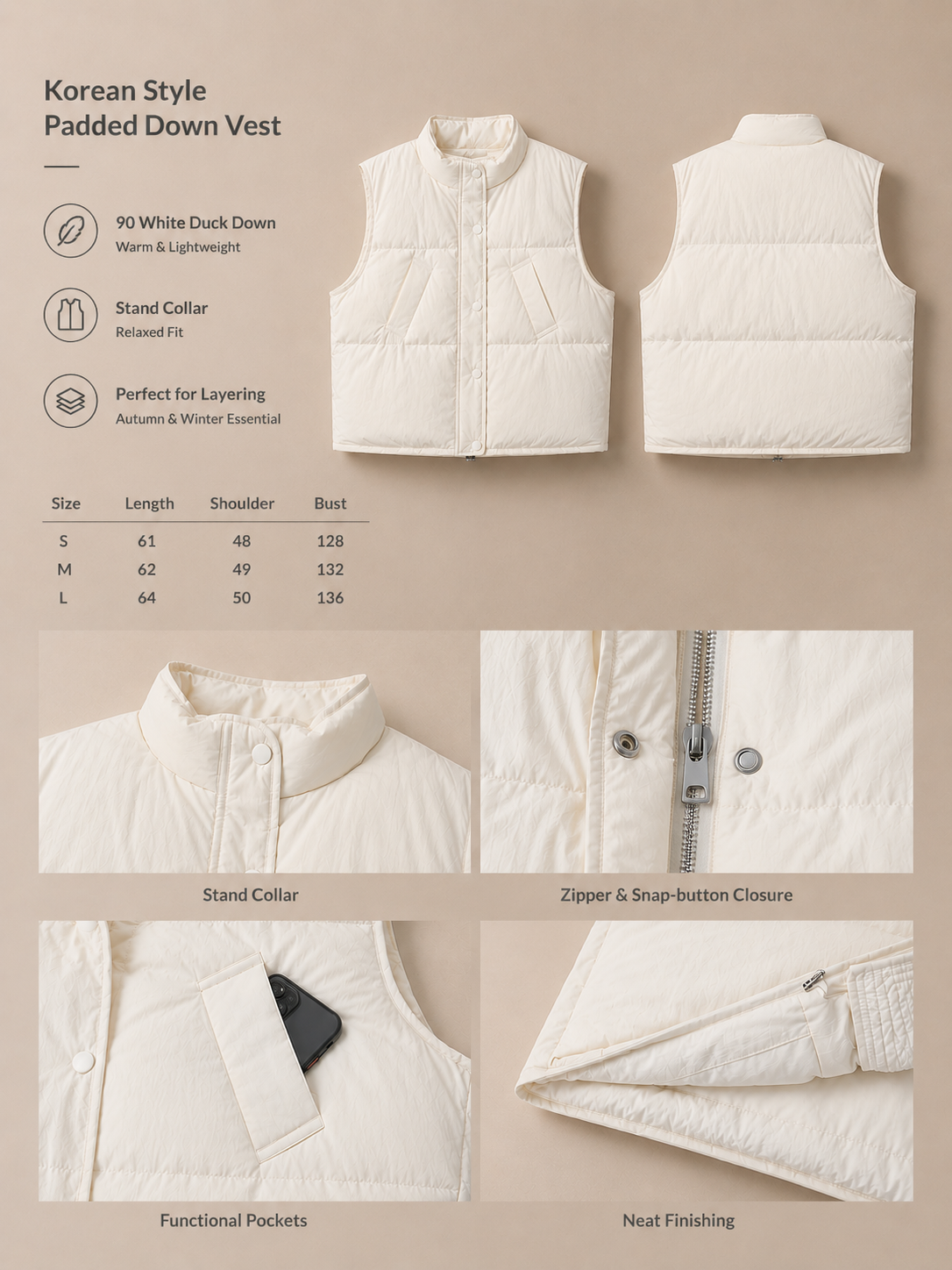 Korean Style 90% White Duck Down Vest