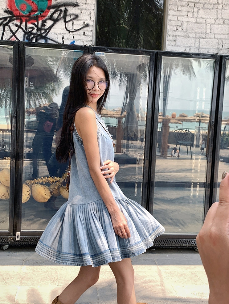 Pleated Denim Vest Dress