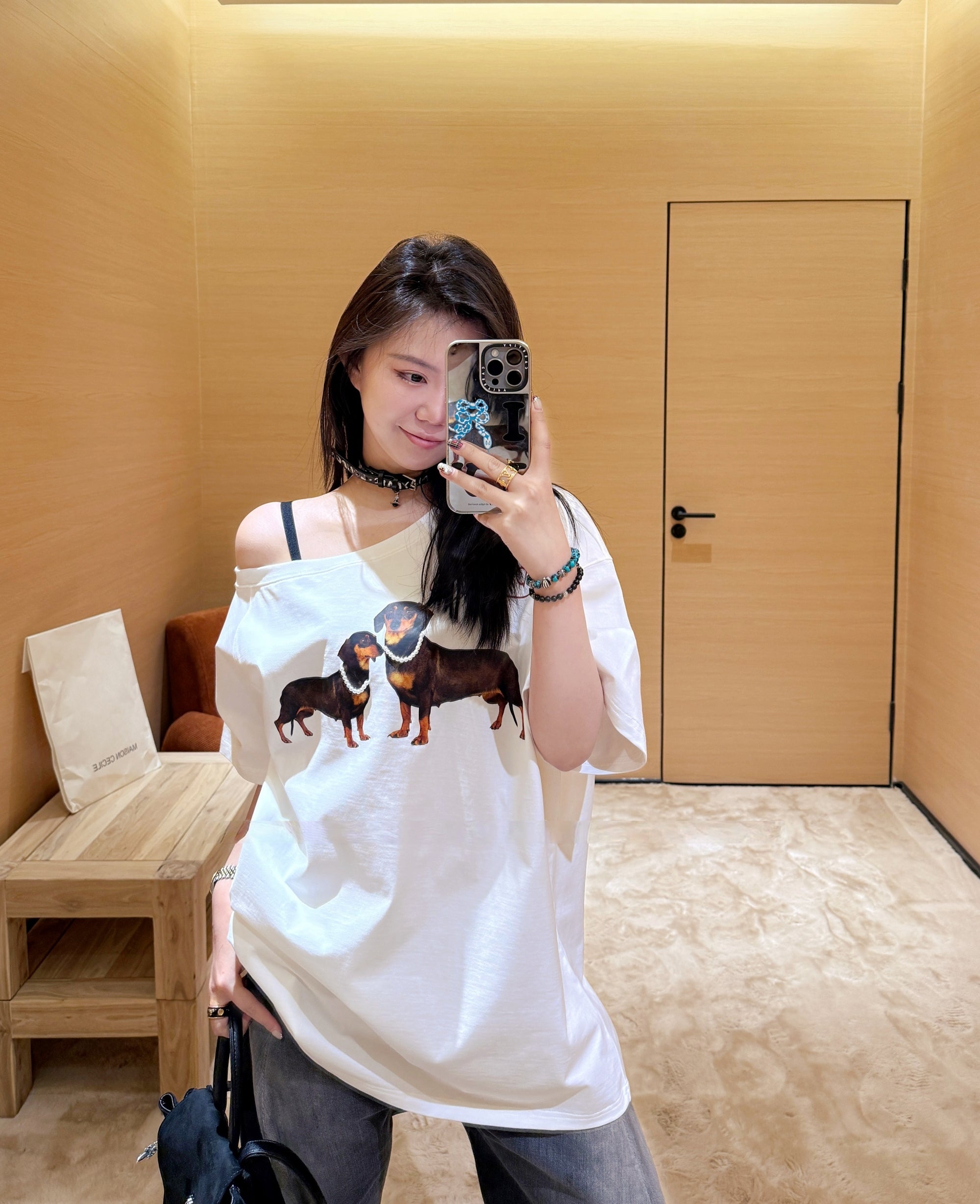 JENNIE Style One-Shoulder Oversized Dachshund Cotton Tee