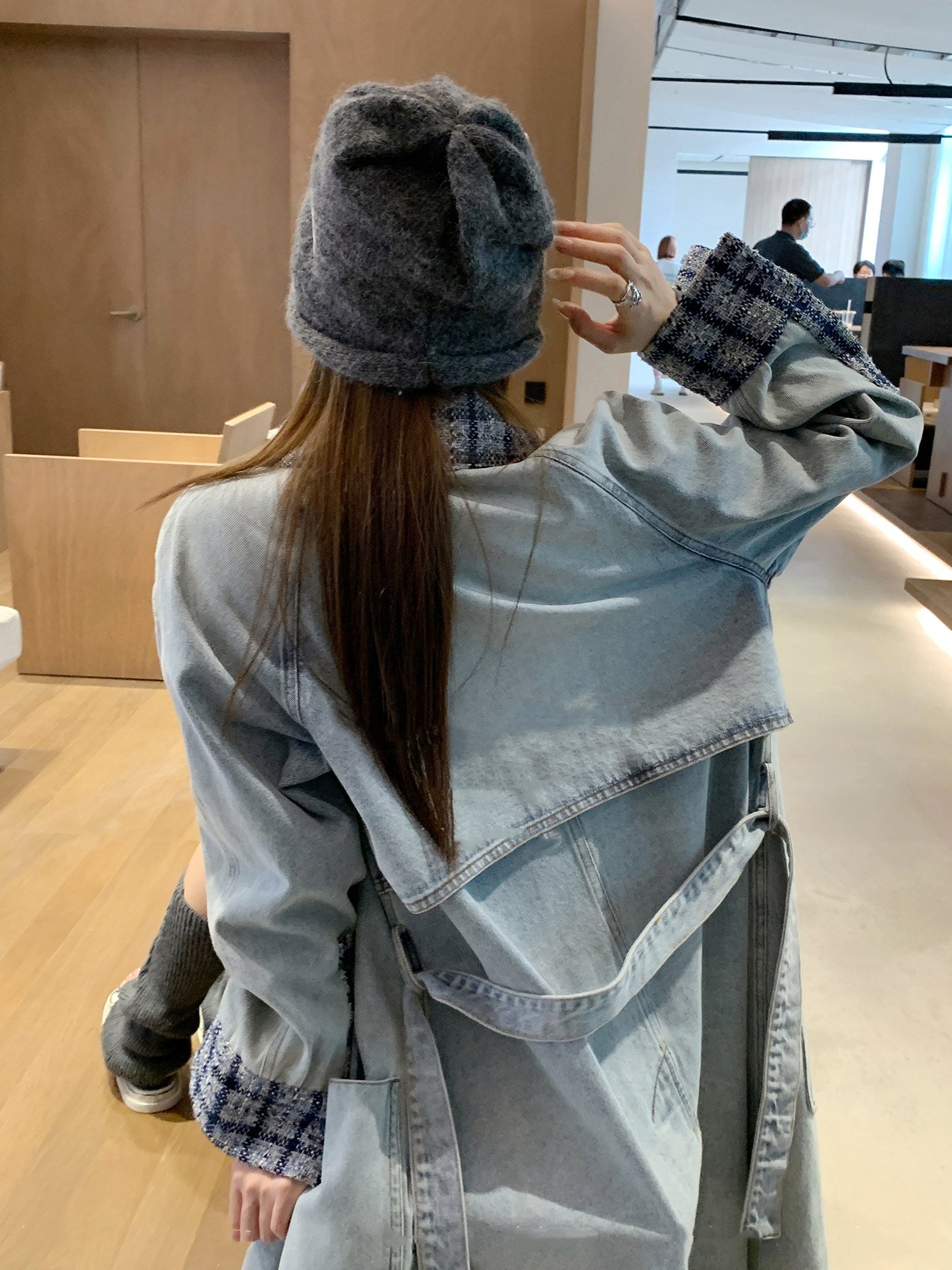 Elegant Tweed Patchwork Washed Denim Trench Coat