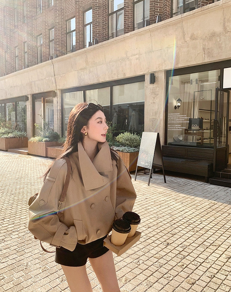 French double-breasted short trench coat with oversized lapel