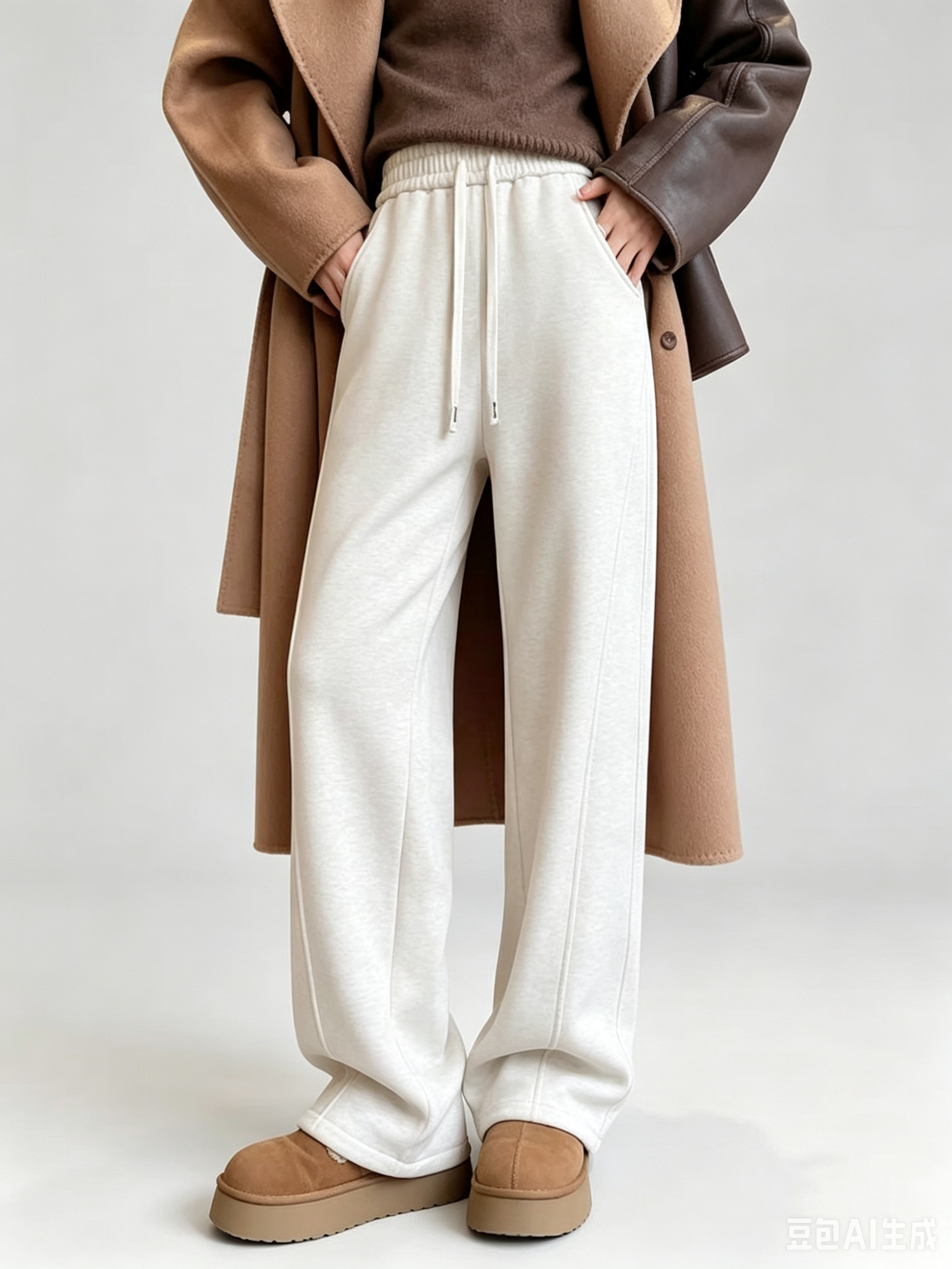 Acetate Wool-Protein Fleece Curved-Leg Pants