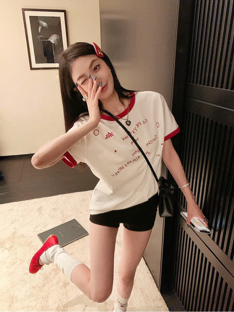 American-style color-block letter embroidered cotton tee