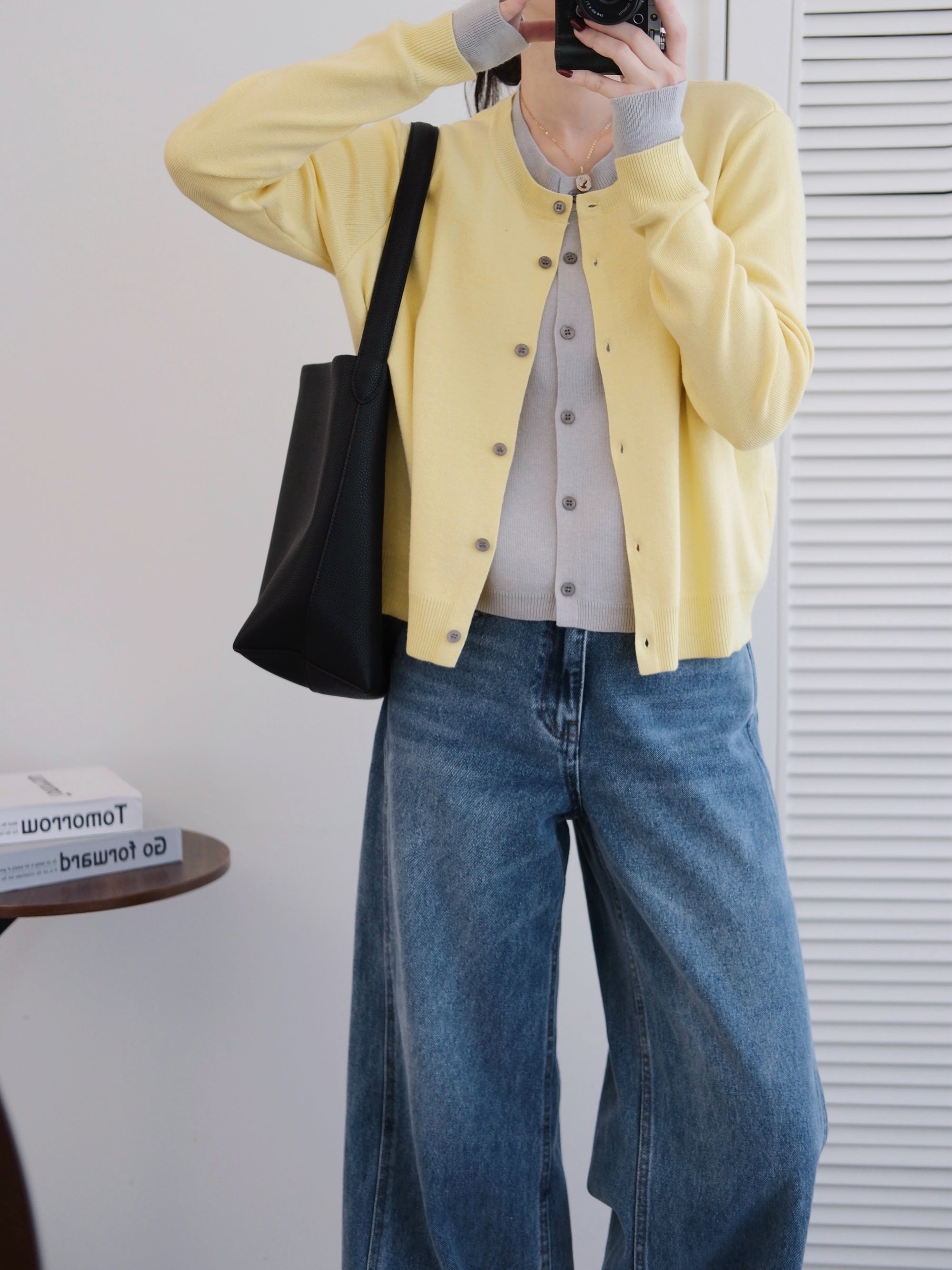 SANDRO cream yellow contrast grey wool cardigan