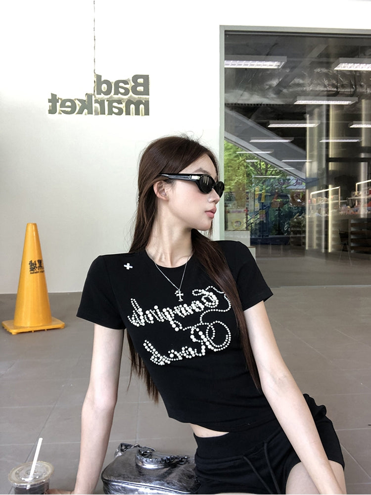 Black Structured Shoulder Beaded Cotton Tee