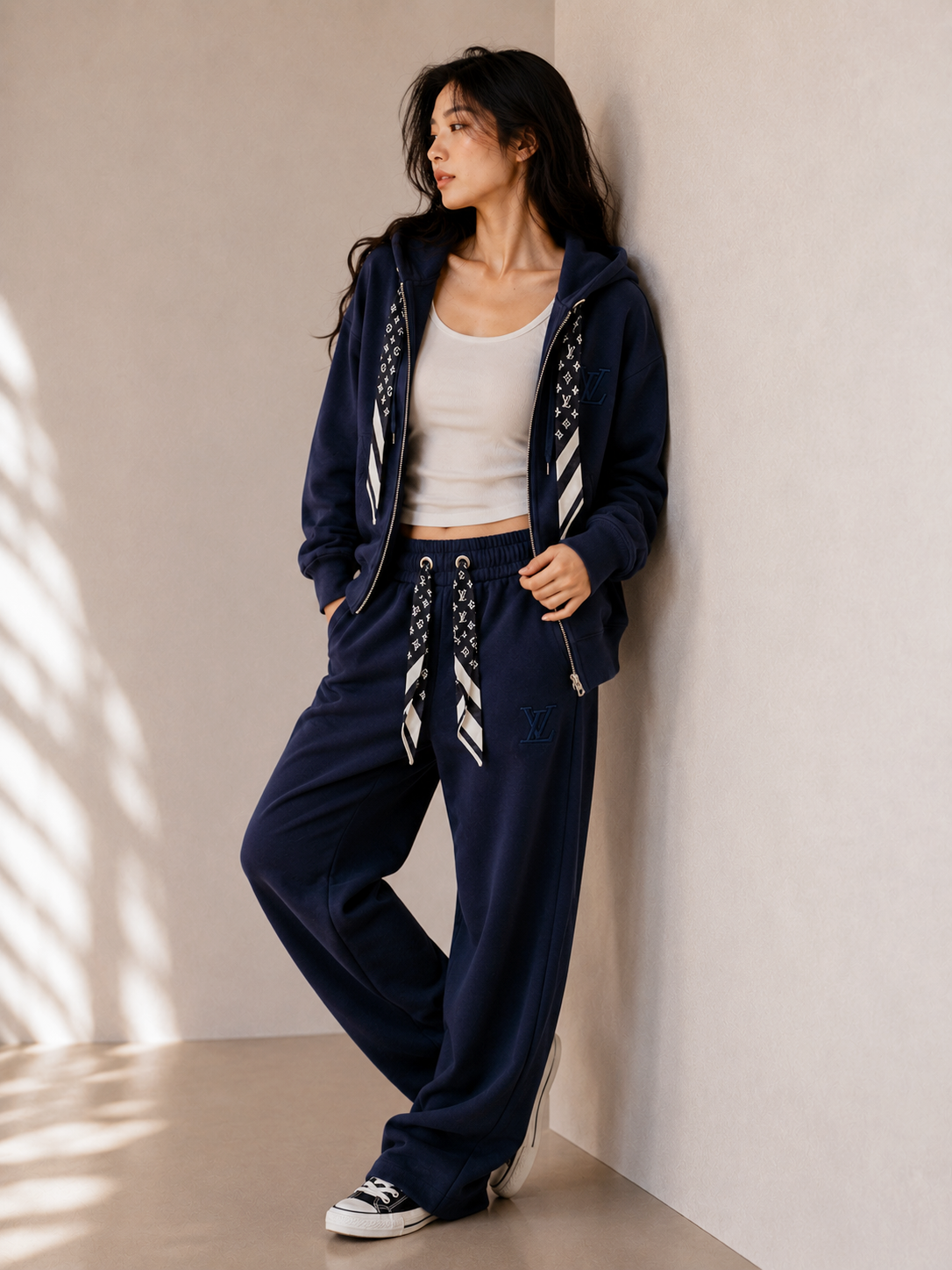 Ribbon Hoodie &amp;amp; Wide-Leg Sweatpants Set
