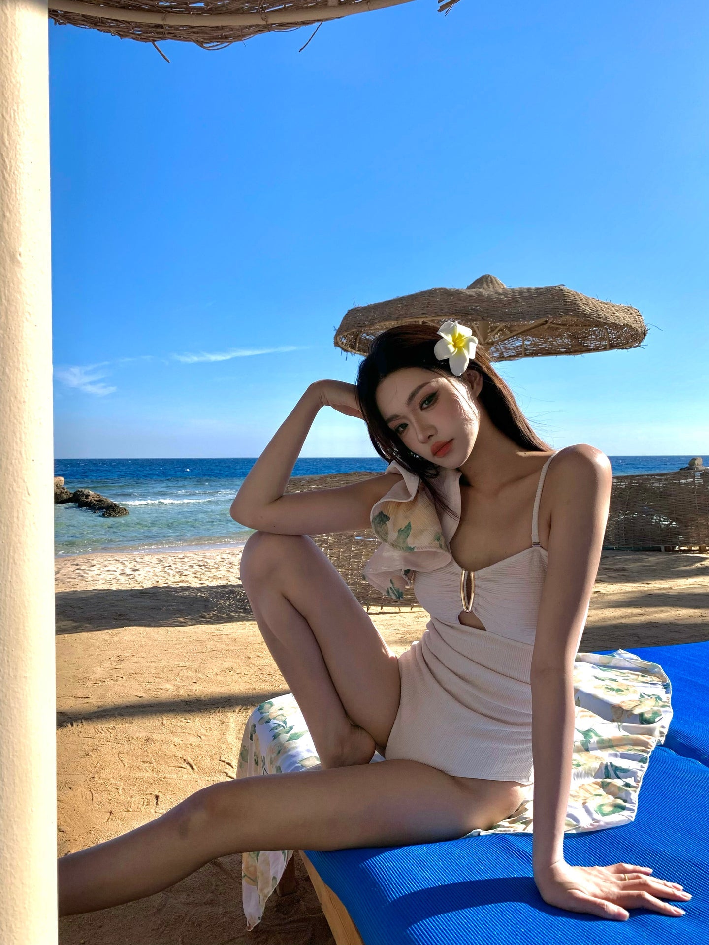 One-Shoulder Ruffled Swimsuit with Sheer Cover-Up