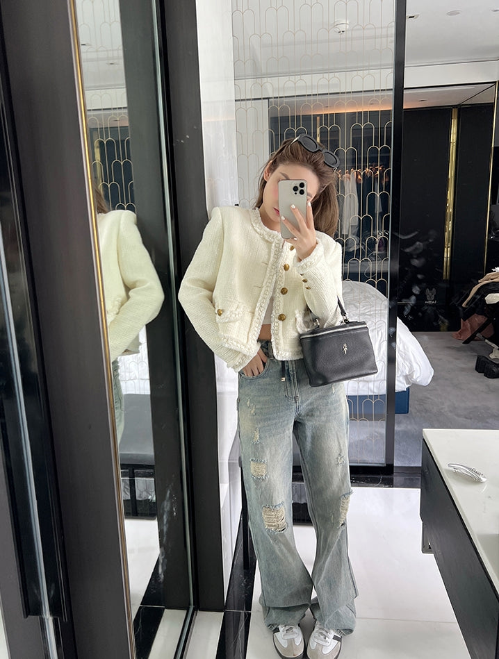 Golden Wool-Blend Tweed Short Jacket with Pearl Detailing