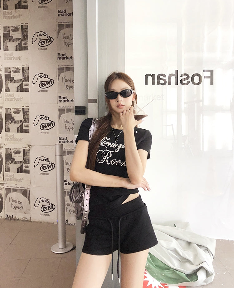 Black Structured Shoulder Beaded Cotton Tee