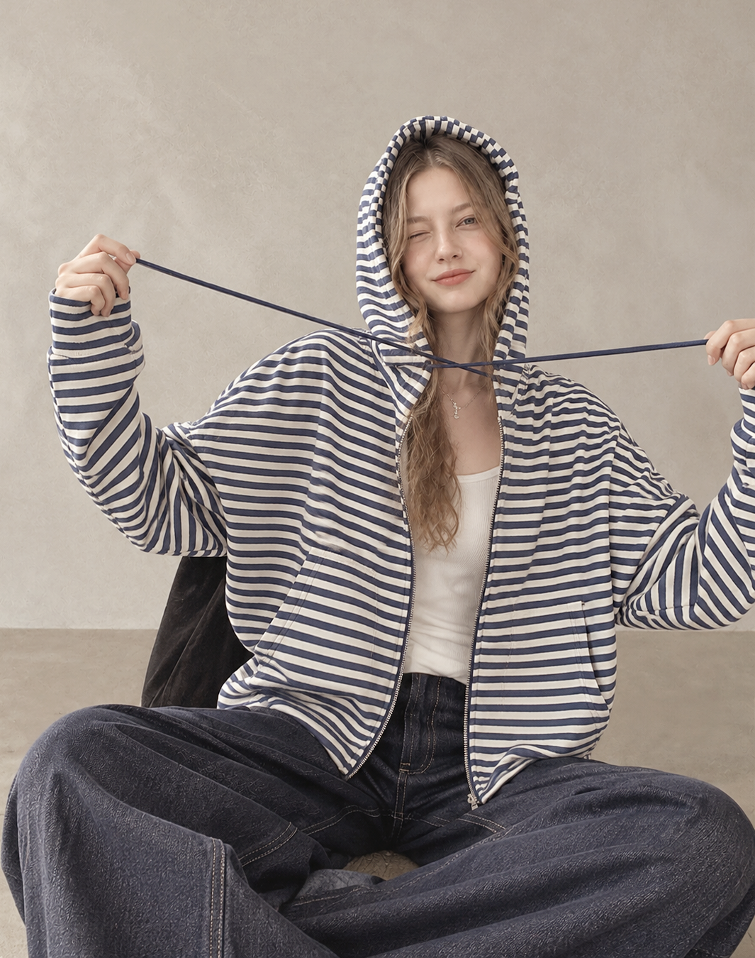 Korean-Inspired Blue Striped Hooded Zip-Up