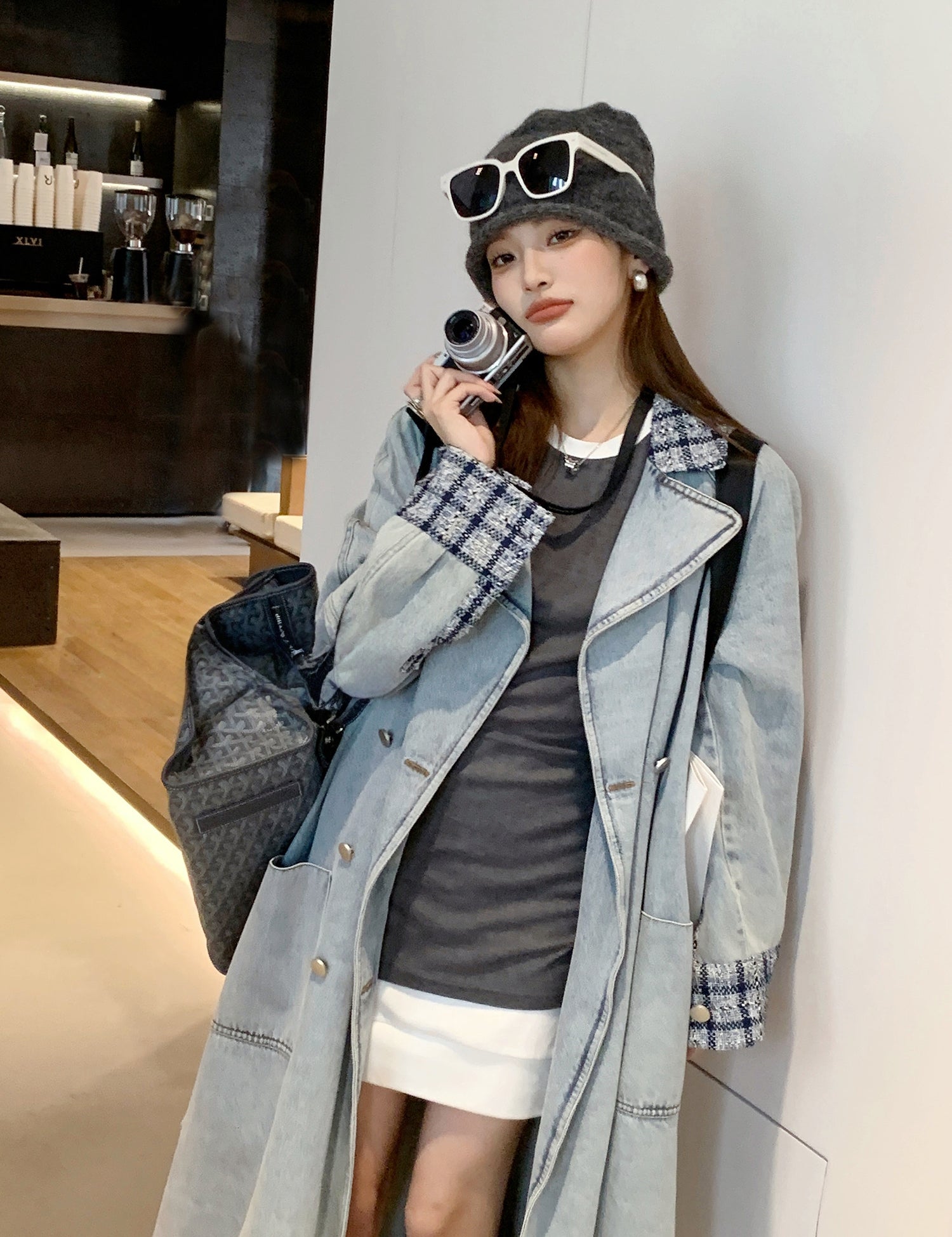 Elegant Tweed Patchwork Washed Denim Trench Coat