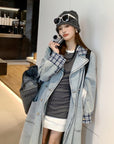 Elegant Tweed Patchwork Washed Denim Trench Coat
