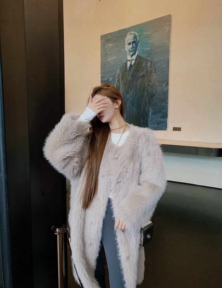 Eco-Friendly Faux Fur Coat (with Brooch) Inspired by Toca