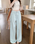 Baby Blue Textured Wide-Leg Distressed Jeans