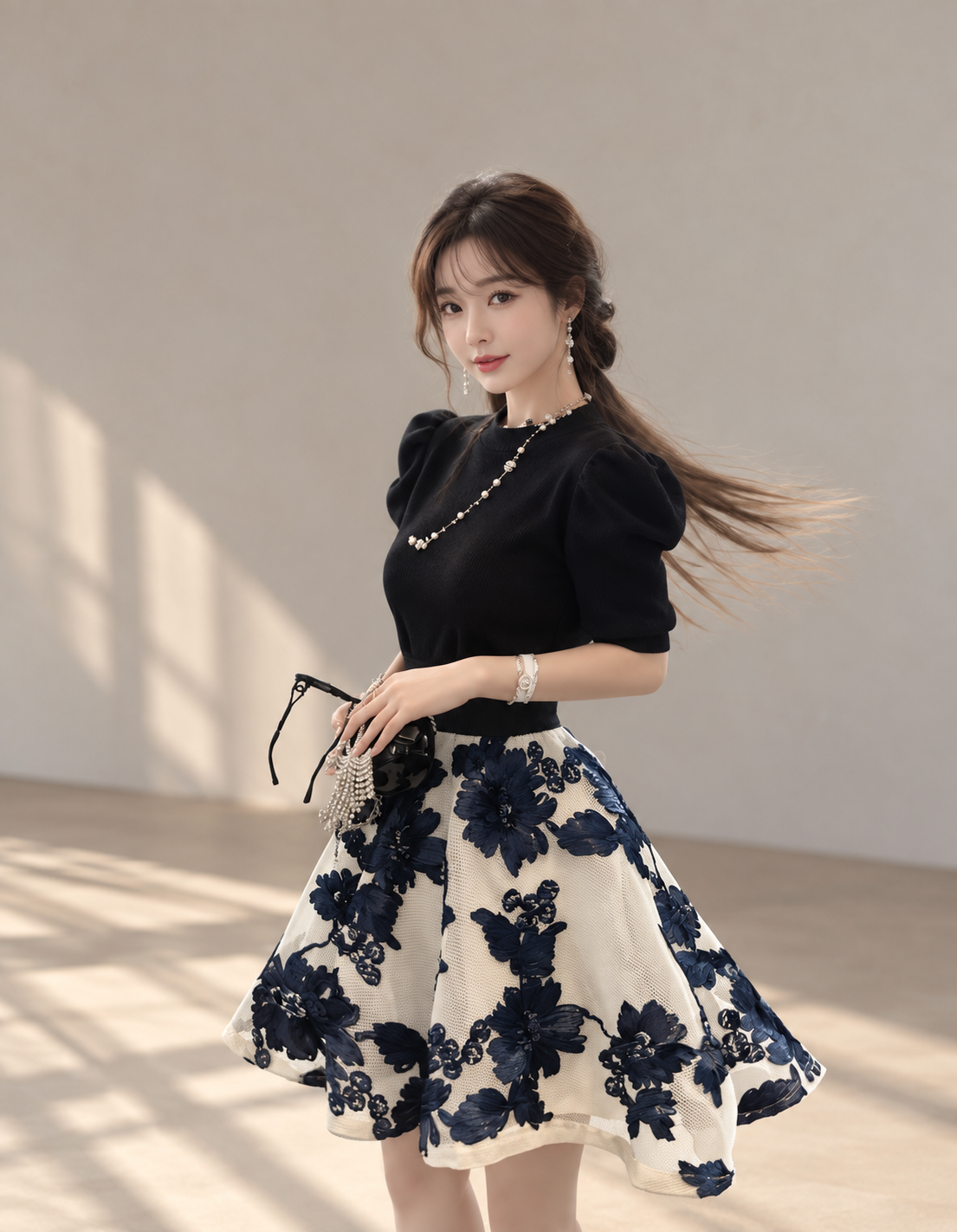 Korean-Style Vintage Blue &amp;amp; White Embroidered Skirt and Knit Top Set