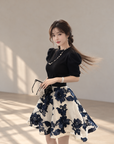 Korean-Style Vintage Blue &amp; White Embroidered Skirt and Knit Top Set