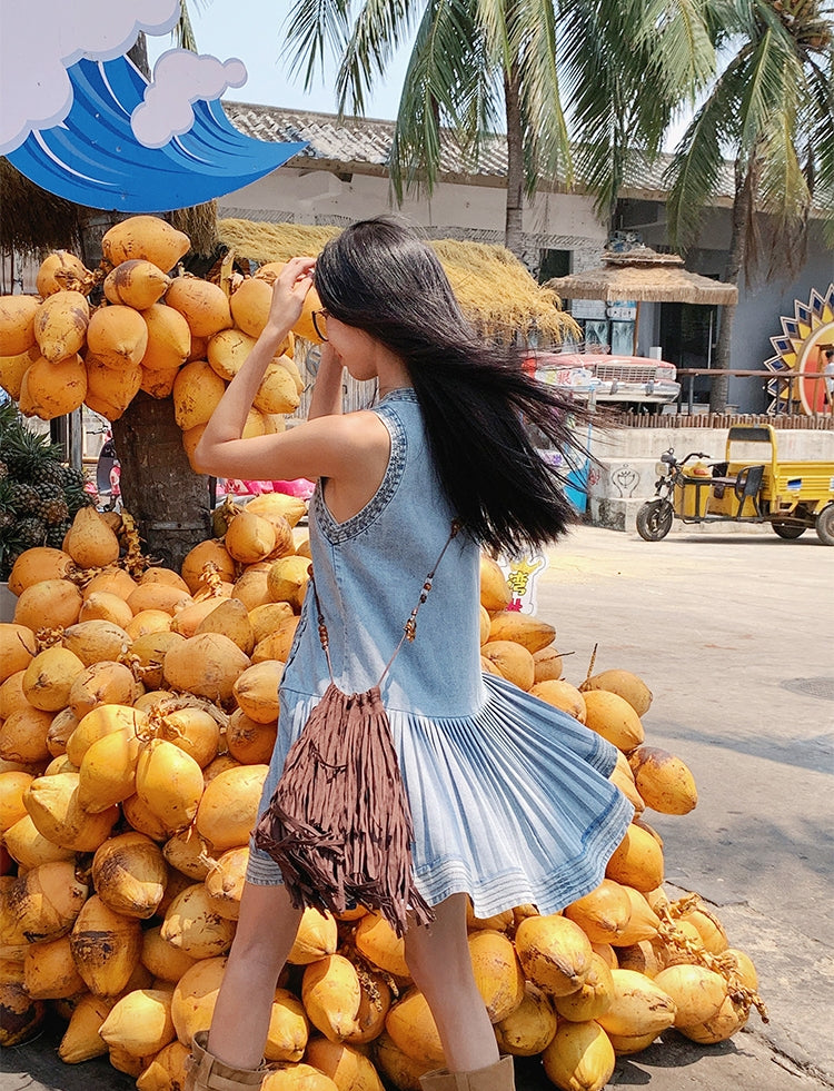 Pleated Denim Vest Dress