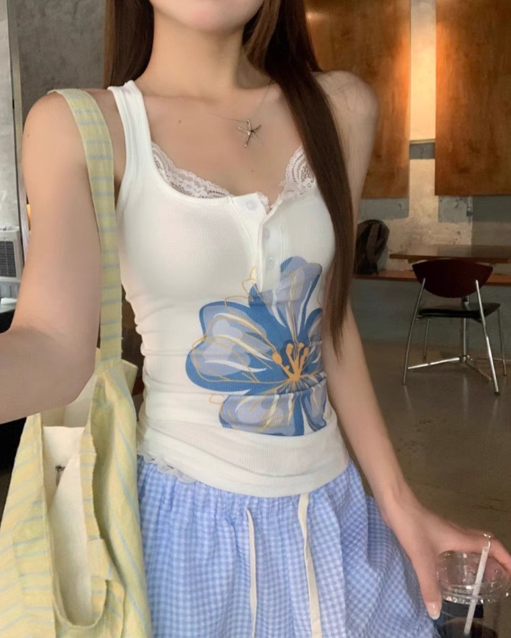 Summer Floral Lace Trim Tank Top