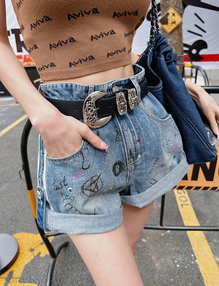 Graffiti Cuffed Denim Shorts (Belt Not Included)