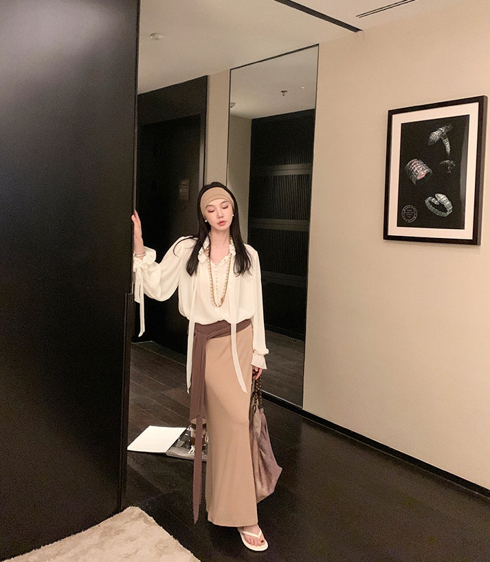 White Moonlight Ribbon Chiffon V-Neck Blouse