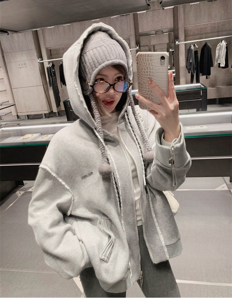 Ruffled Trim Hooded Zip-Up Sweatshirt