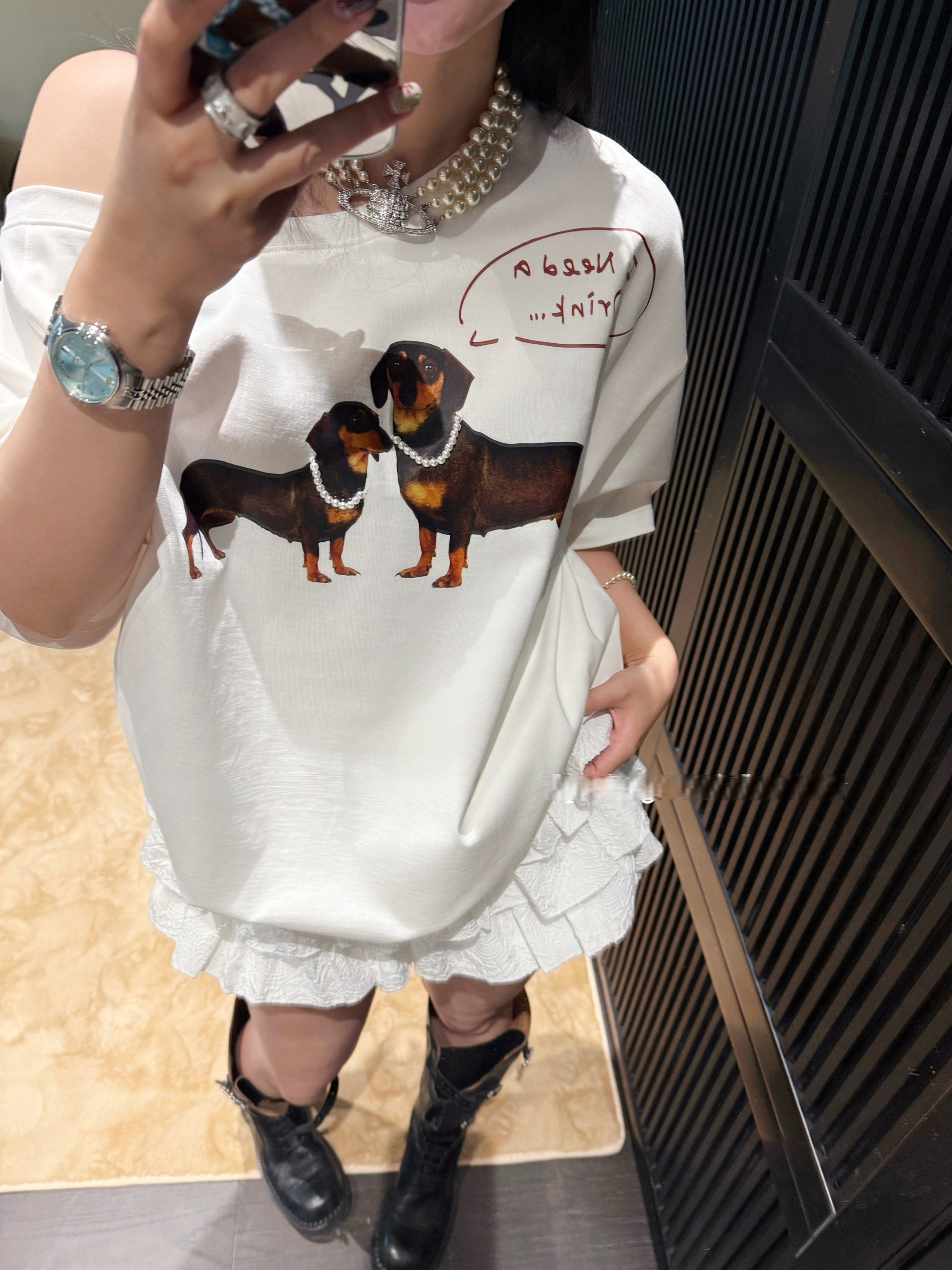 JENNIE Style One-Shoulder Oversized Dachshund Cotton Tee