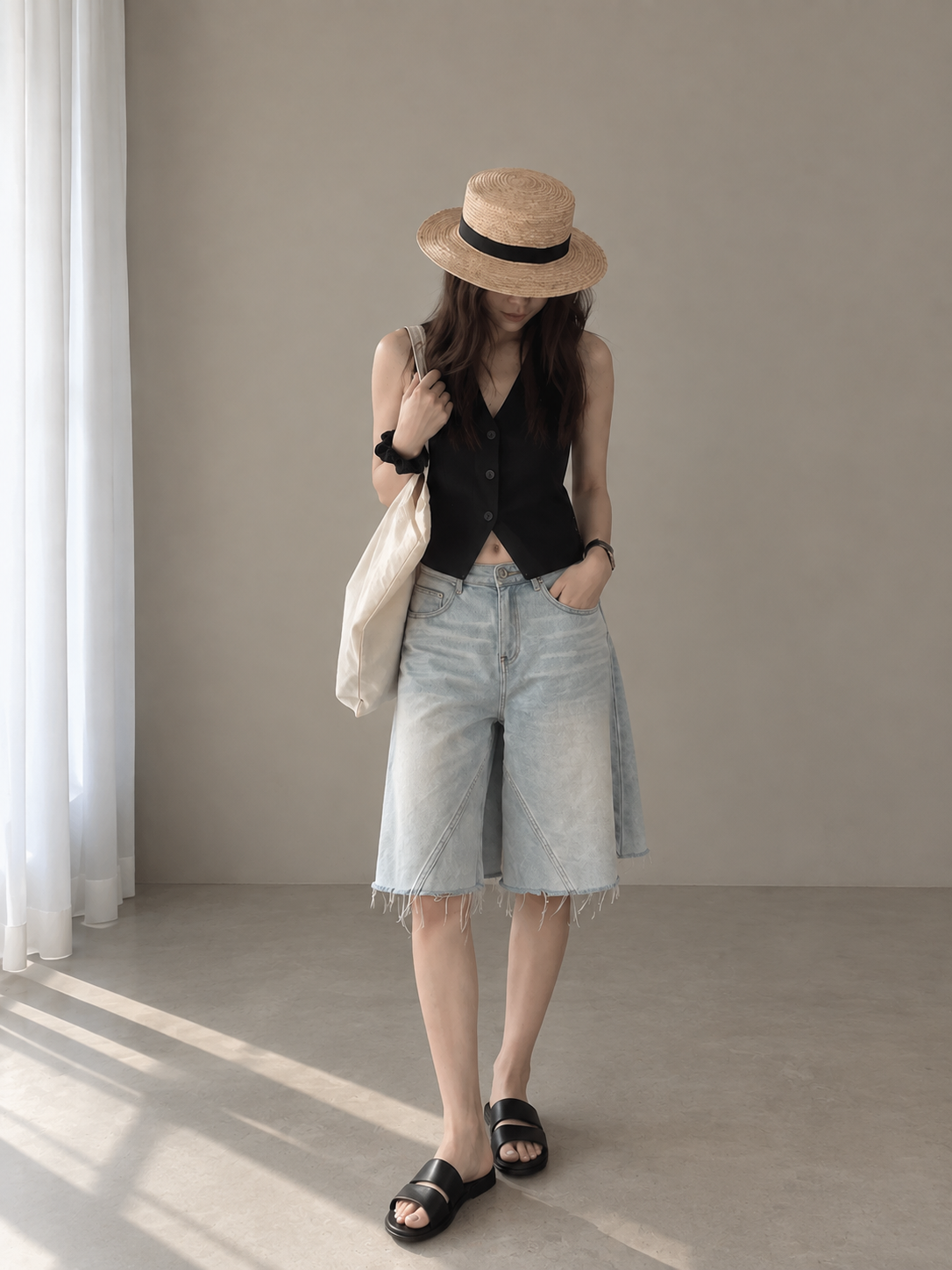 Light-Wash Wide-Leg Denim Bermuda Shorts