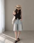 Light-Wash Wide-Leg Denim Bermuda Shorts