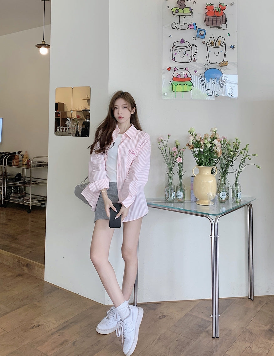 Korean-Style Sweet Pink Striped Shirt