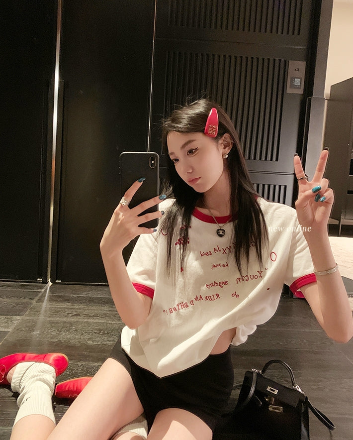 American-style color-block letter embroidered cotton tee