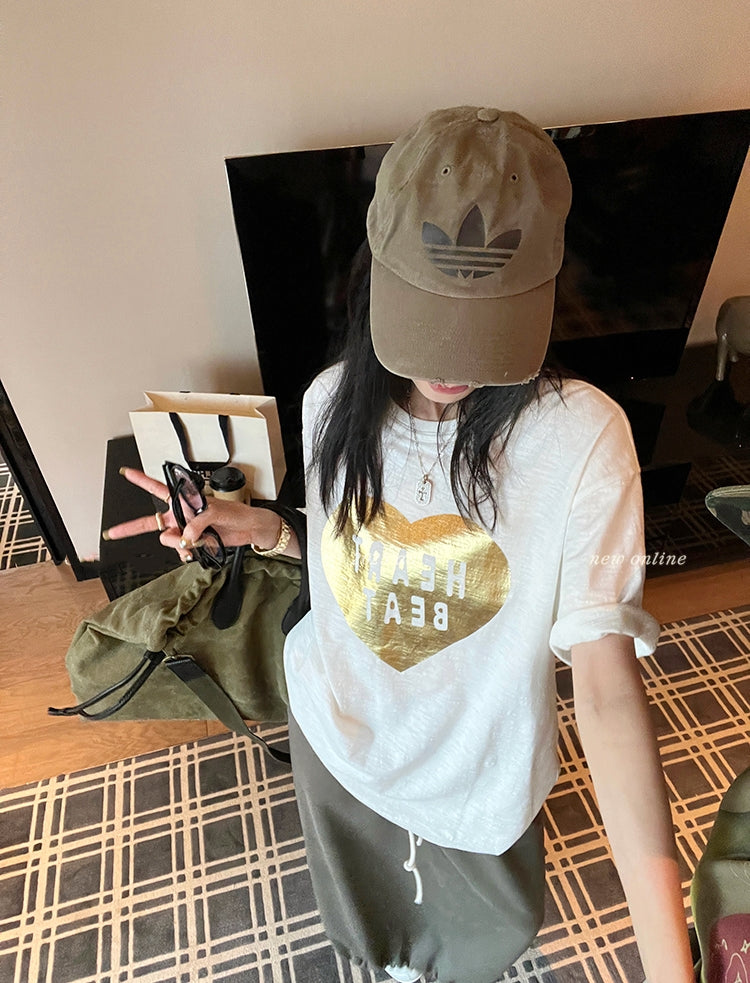 Vintage gold-foil heart bamboo-slub tee