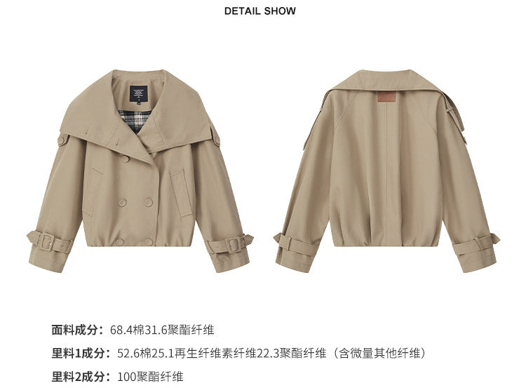 French double-breasted short trench coat with oversized lapel