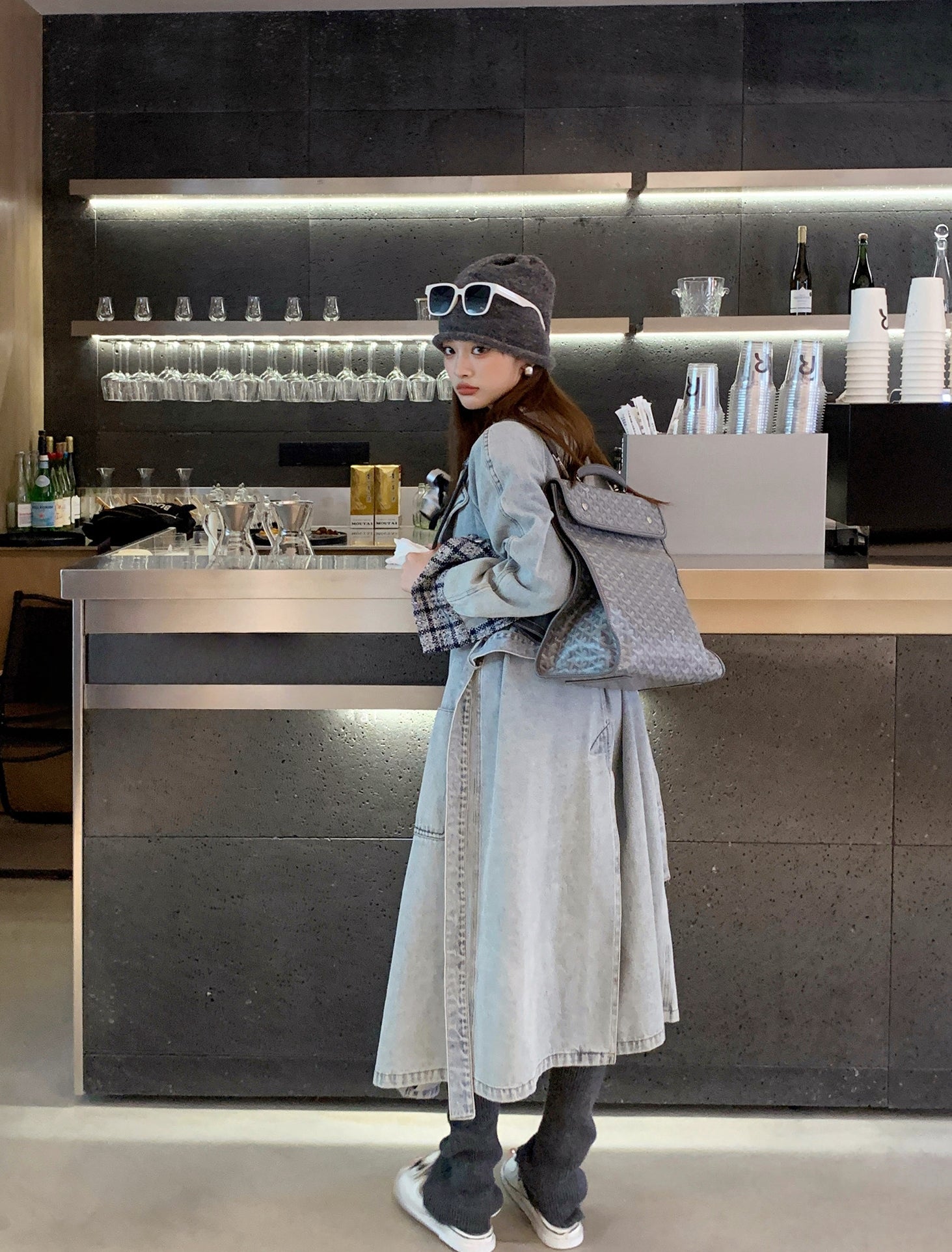 Elegant Tweed Patchwork Washed Denim Trench Coat