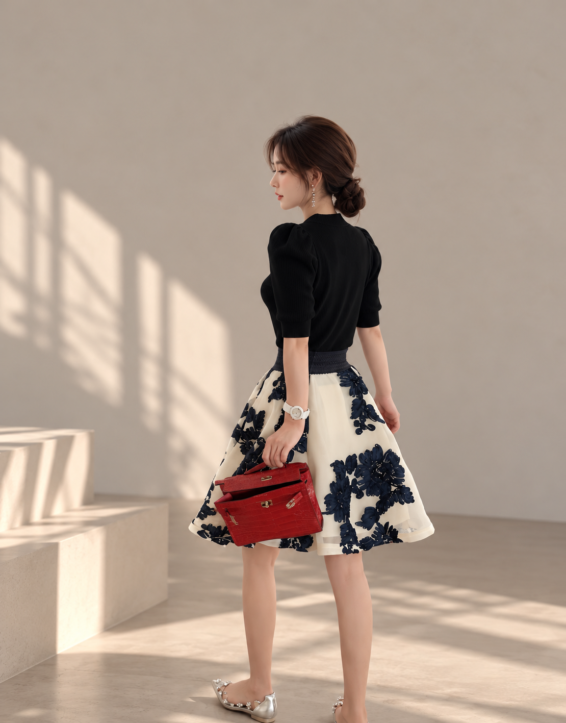 Korean-Style Vintage Blue &amp;amp; White Embroidered Skirt and Knit Top Set