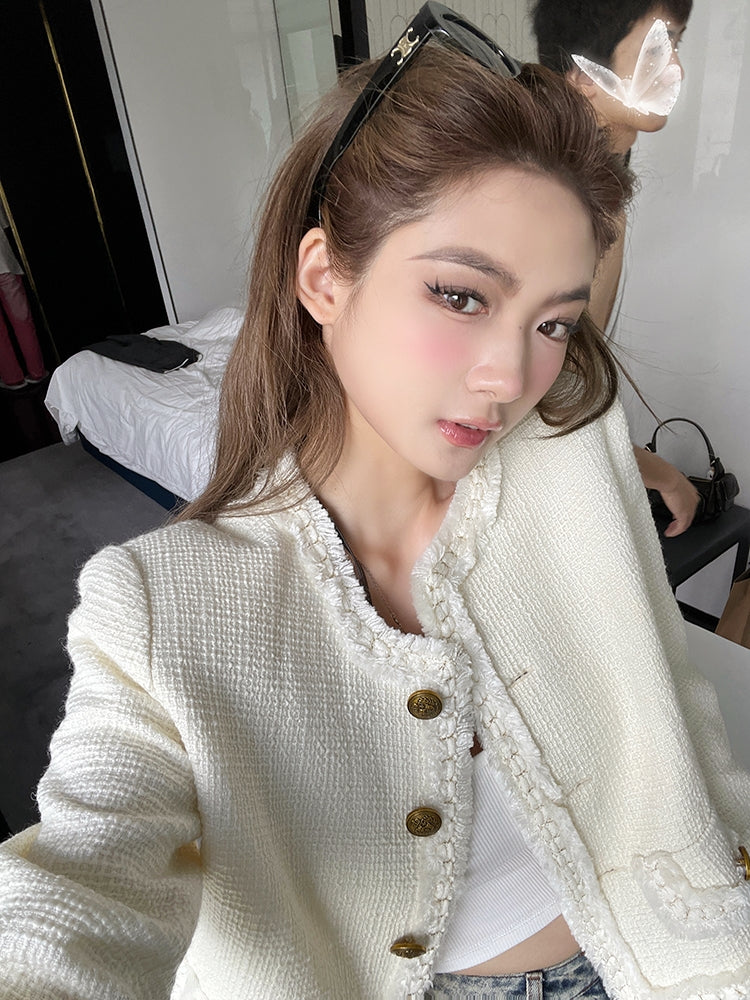 Golden Wool-Blend Tweed Short Jacket with Pearl Detailing