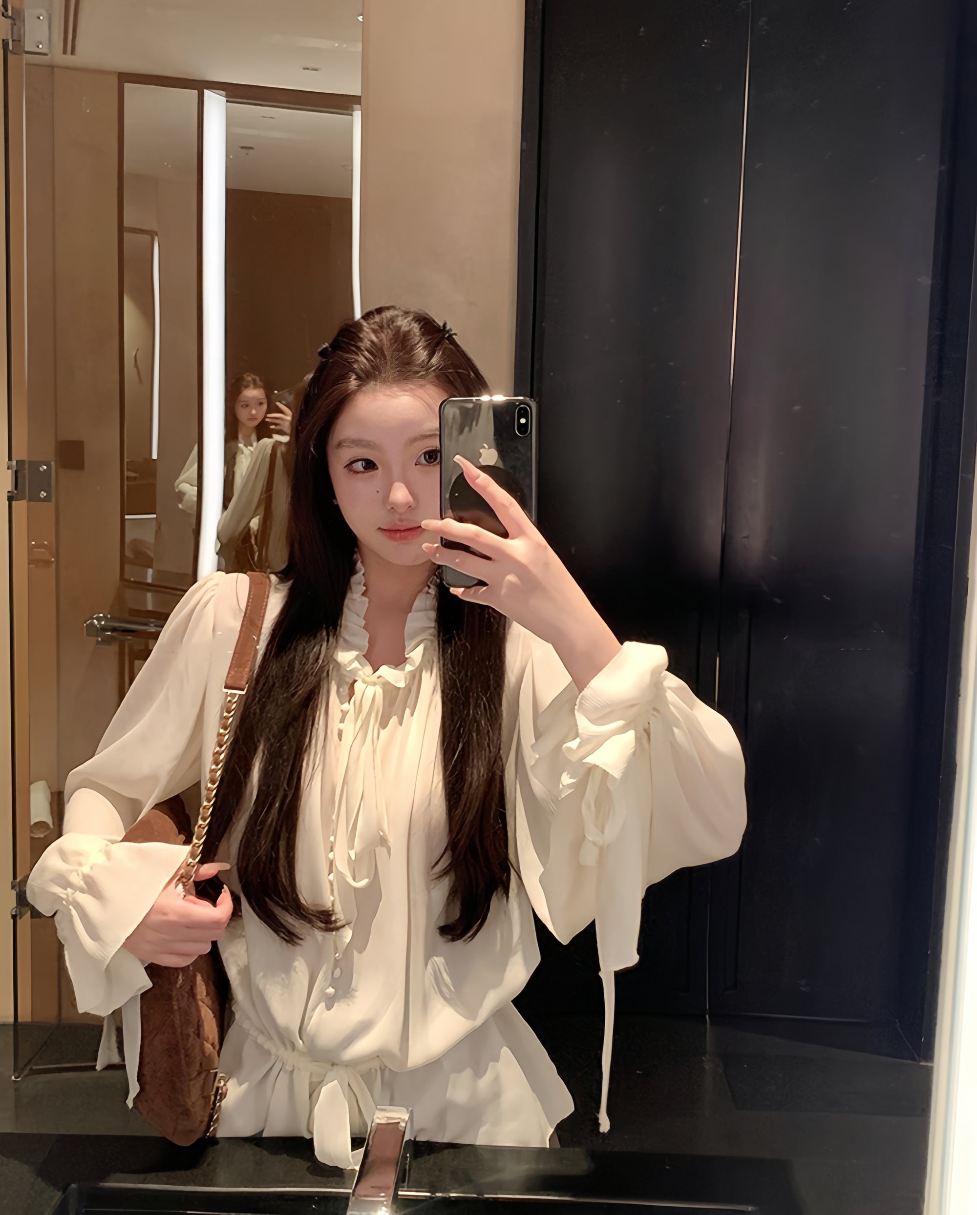 White Moonlight Ribbon Chiffon V-Neck Blouse