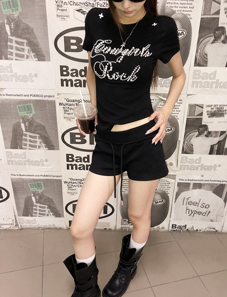 Black Structured Shoulder Beaded Cotton Tee