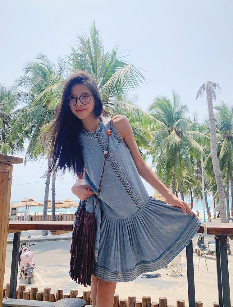 Pleated Denim Vest Dress