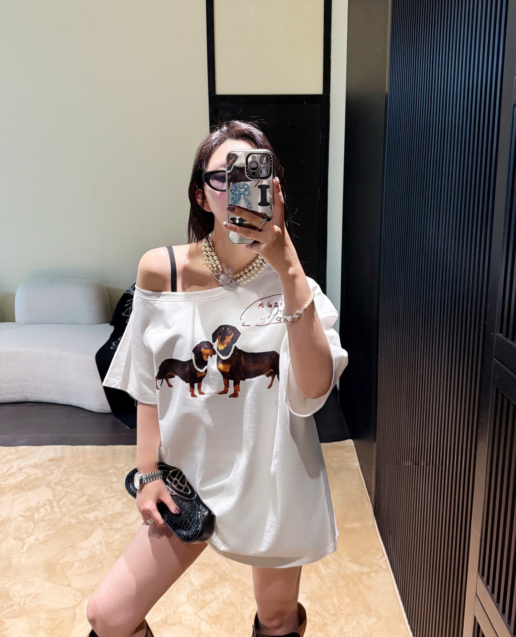 JENNIE Style One-Shoulder Oversized Dachshund Cotton Tee