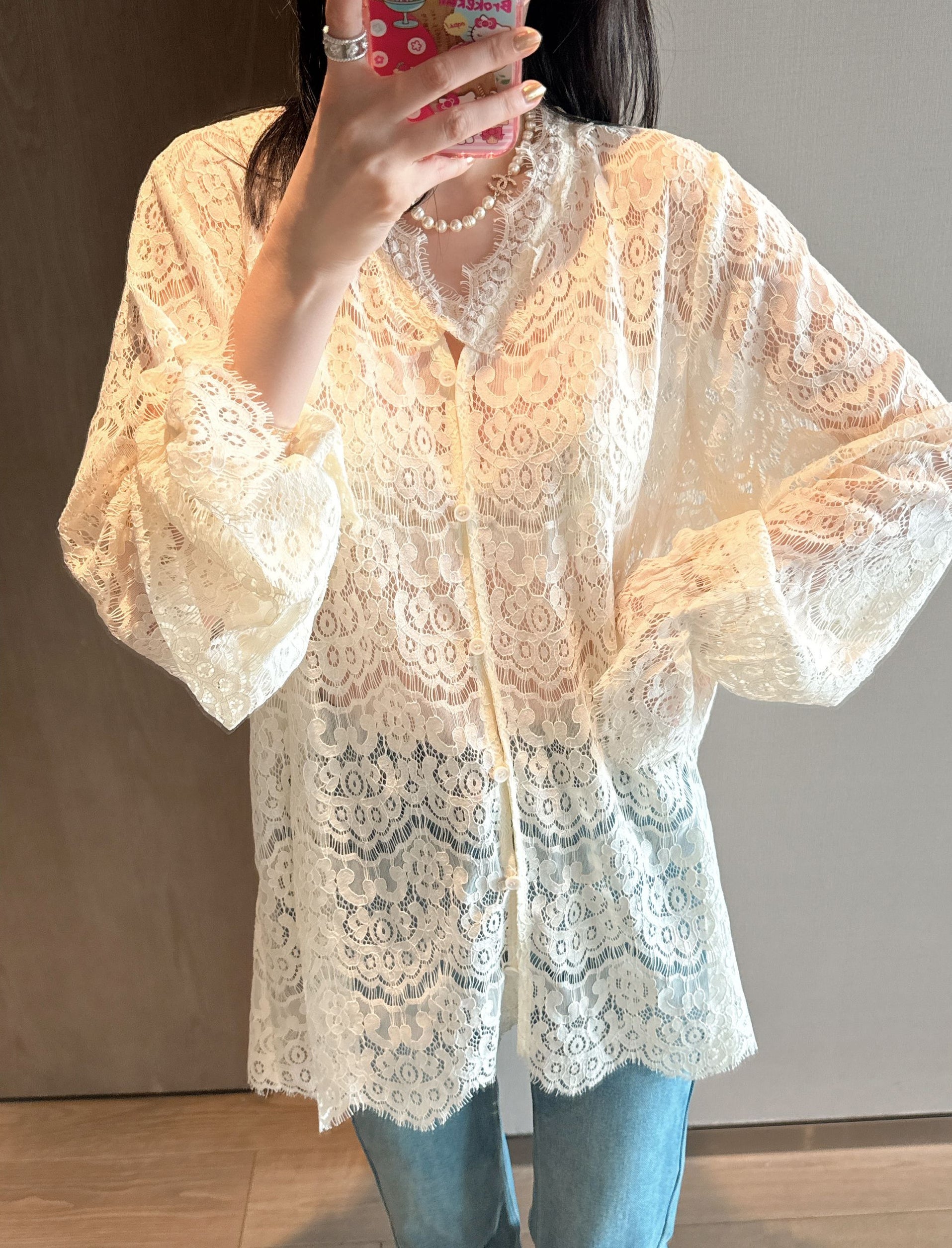 Embroidered Lace Hollow-Out Flare Sleeve Sunscreen Top